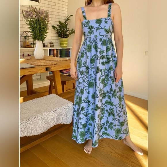 Zara Dresses & Skirts - ZARA Long Poplin Printed Green Blue Sundress